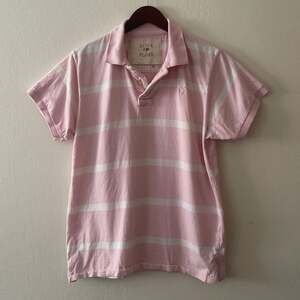 Ditch Plains Pink and White Striped Polo Shirt, Size Medium